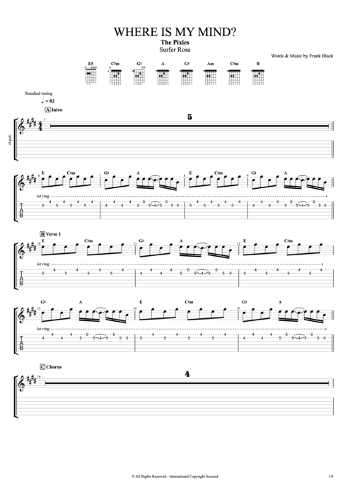 Where Is My Mind - The Pixies tablature