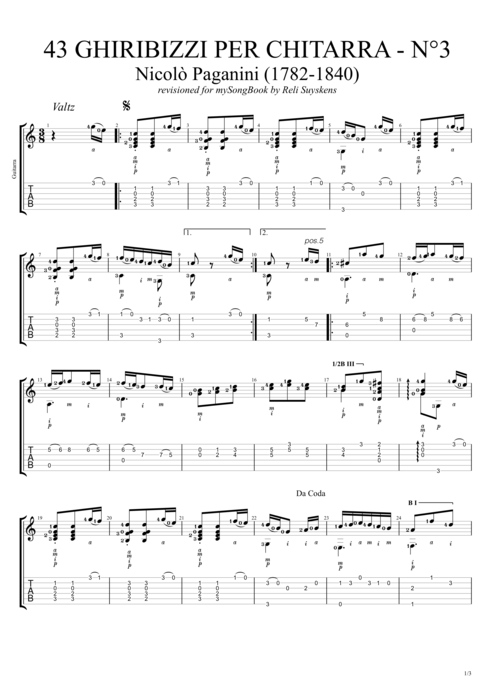 43 Ghiribizzi per chitarra n°3 - Niccolò Paganini tablature