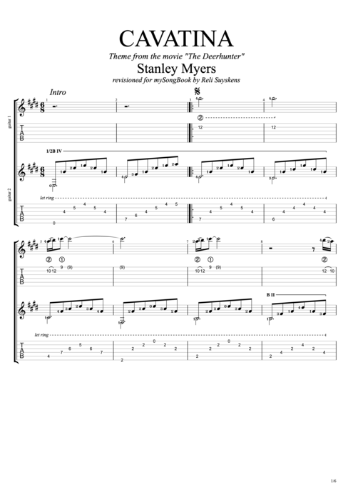 Cavatina - Stanley Myers tablature
