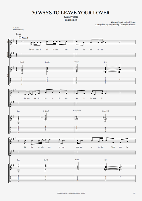 50 Ways to Leave Your Lover - Paul Simon tablature