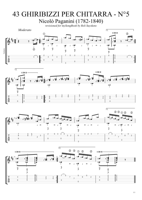 43 Ghiribizzi per chitarra n°5 - Niccolò Paganini tablature