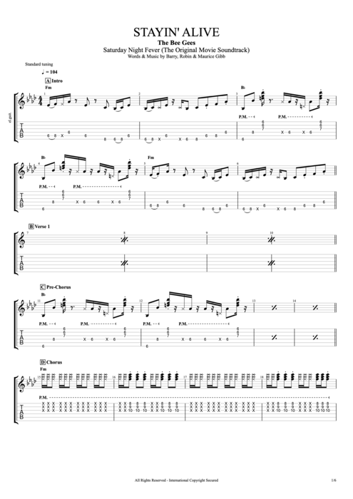 Stayin' Alive by Bee Gees - Full Score Guitar Pro Tab | mySongBook.com