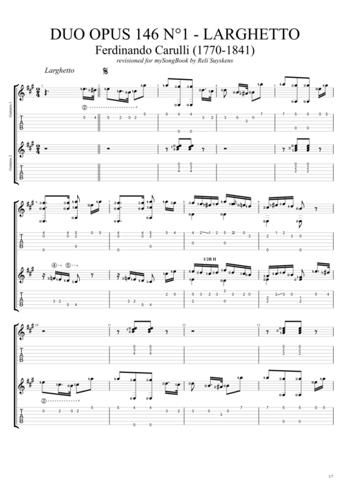 Duo Opus 146 n°1 Larghetto - Ferdinando Carulli tablature