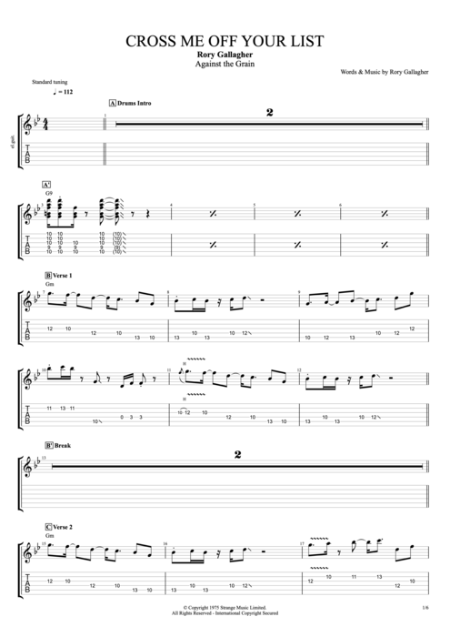 Cross Me Off Your List - Rory Gallagher tablature