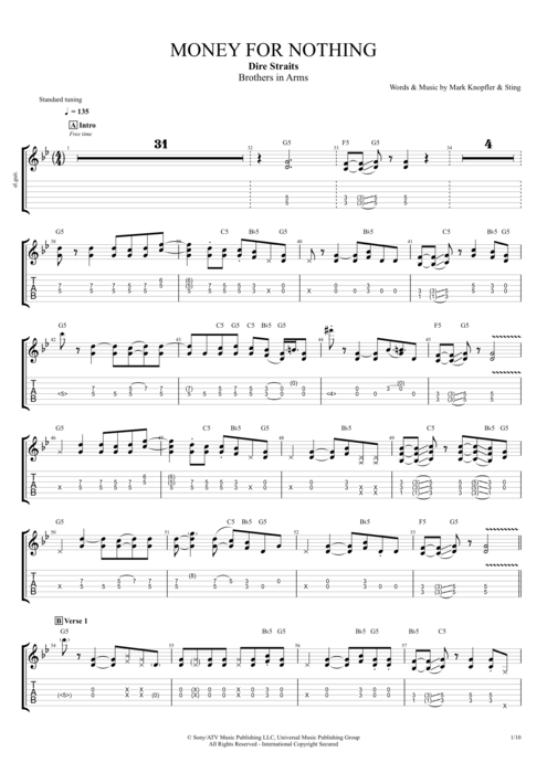 Money for Nothing - Dire Straits tablature