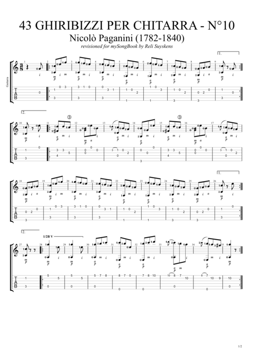 43 Ghiribizzi per chitarra n°10 - Niccolò Paganini tablature