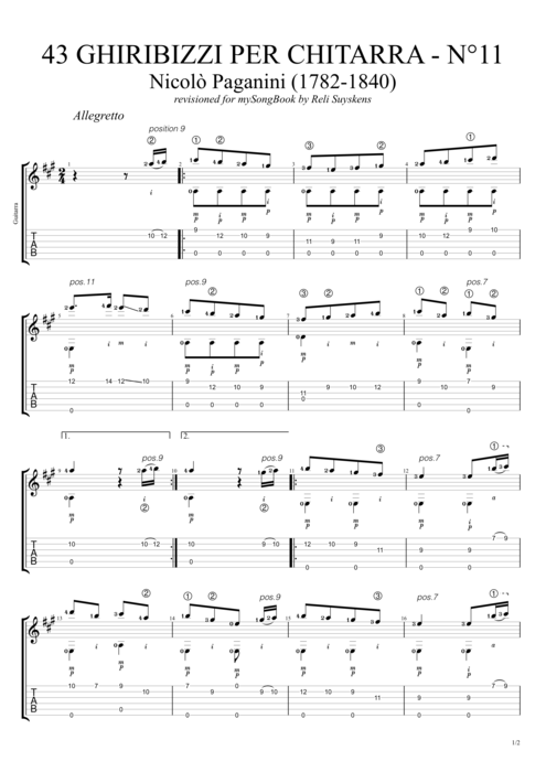 43 Ghiribizzi per chitarra n°11 - Niccolò Paganini tablature