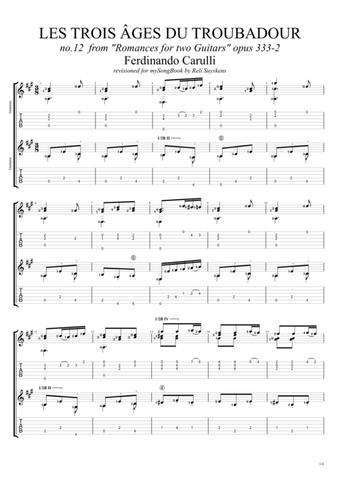 Romanzen Opus 333-2 Les trois âges du troubadour - Ferdinando Carulli tablature