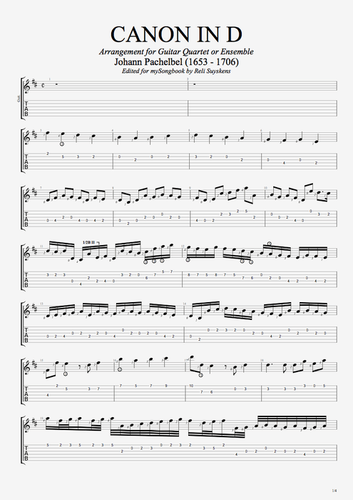 Canon in D - Johann Pachelbel tablature