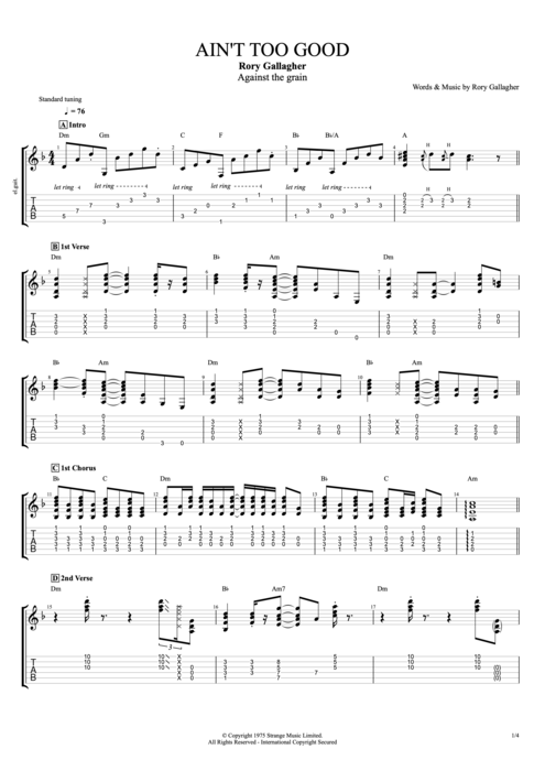 Ain't Too Good - Rory Gallagher tablature