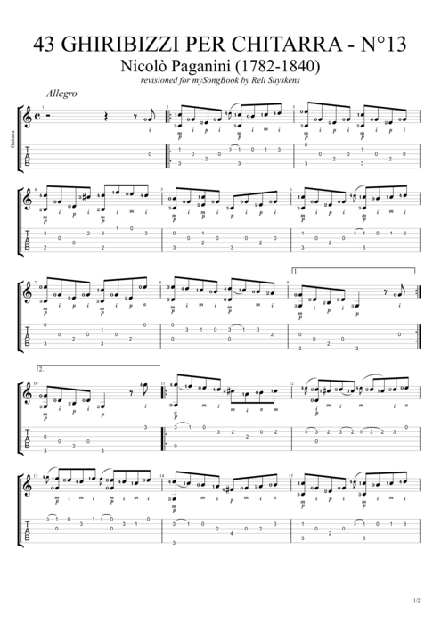 43 Ghiribizzi per chitarra n°13 - Niccolò Paganini tablature