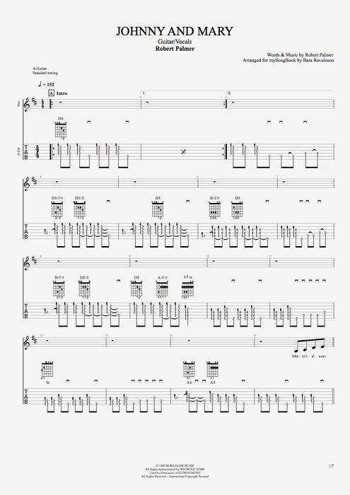Johnny and Mary - Robert Palmer tablature