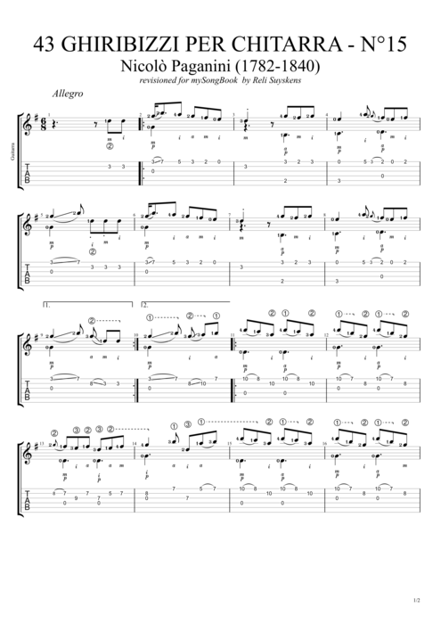 43 Ghiribizzi per chitarra n°15 - Niccolò Paganini tablature
