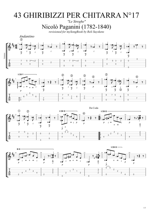 43 Ghiribizzi per chitarra n°17 - Niccolò Paganini tablature