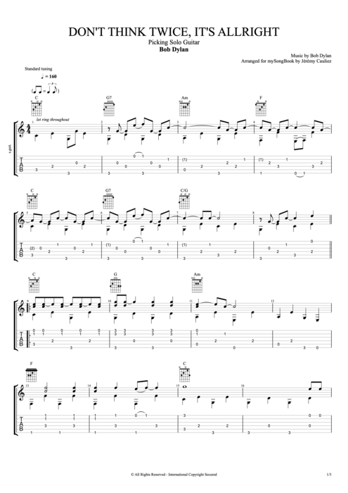 Don't Think Twice, It's All Right - Bob Dylan tablature