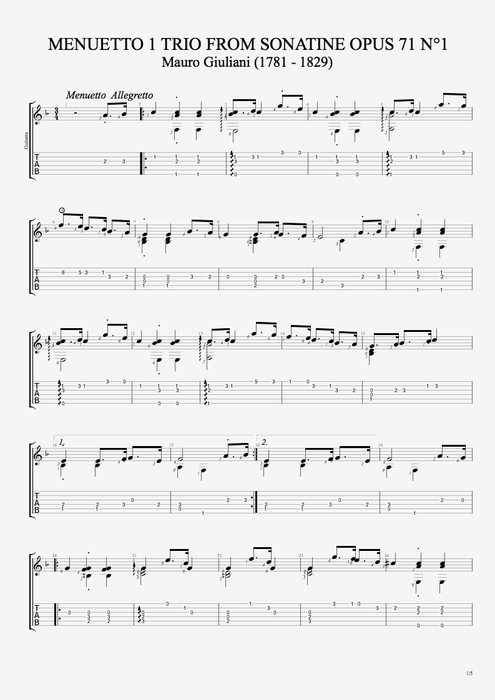Sonatine n°1 op 71 Menuetto & Trio - Mauro Giuliani tablature