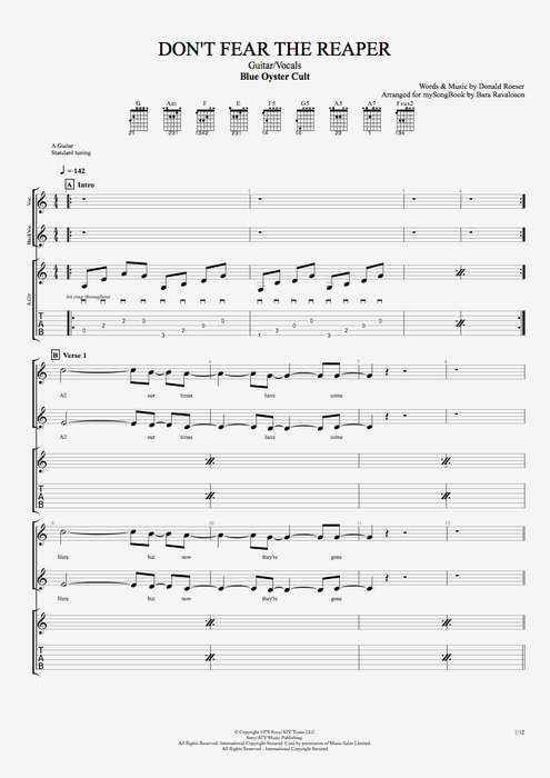 Don't Fear the Reaper - Blue Oyster Cult tablature