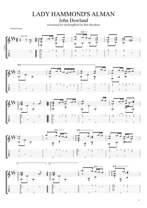 Lady Hammond's Alman - John Dowland tablature