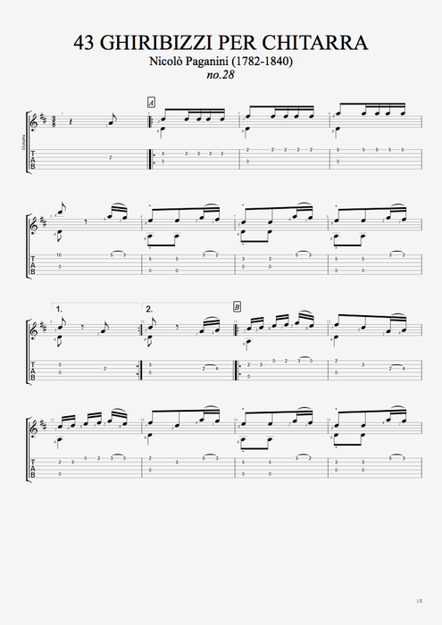 43 Ghiribizzi per chitarra n°28 - Niccolò Paganini tablature