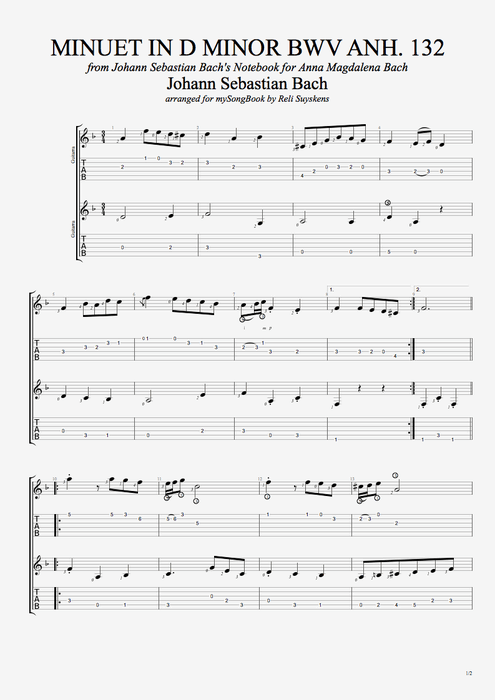 Minuet in D Minor BWV anh. 132 - Johann Sebastian Bach tablature