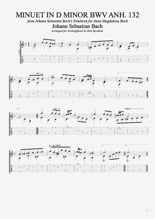 Minuet in D Minor BWV anh. 132 - Johann Sebastian Bach tablature
