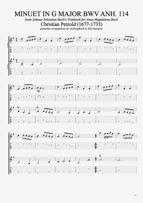 Minuet in G major BWV anh. 114 - Johann Sebastian Bach tablature