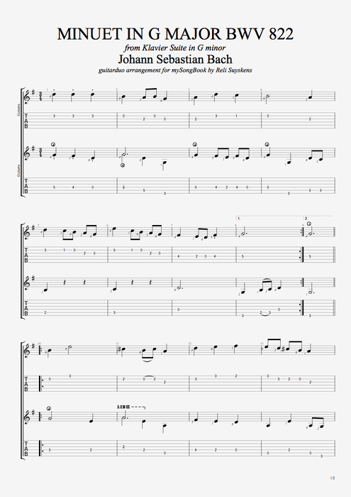 Minuet in G major BWV 822 - Johann Sebastian Bach tablature