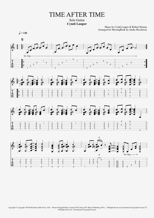 Time After Time - Cyndi Lauper tablature