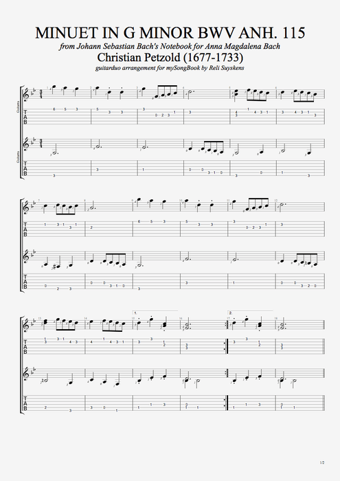 Minuet in G minor BWV anh. 115 - Johann Sebastian Bach tablature