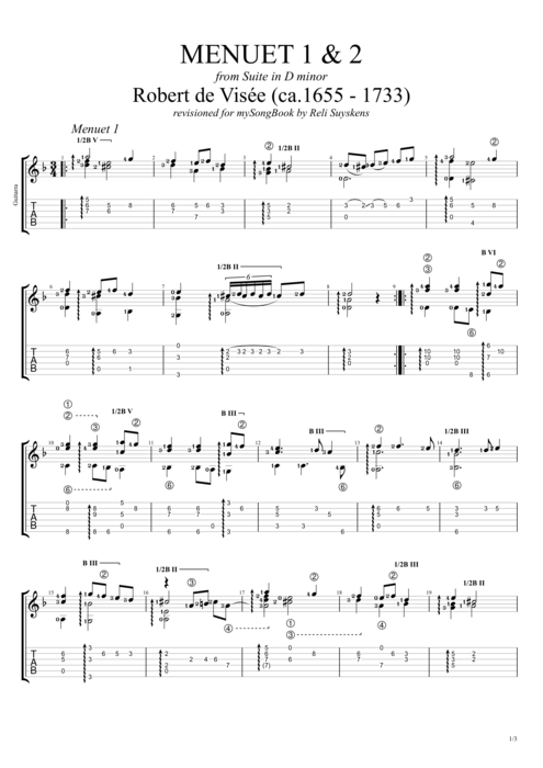Suite in D Minor - Menuet 1 & 2 - Robert de Visée tablature