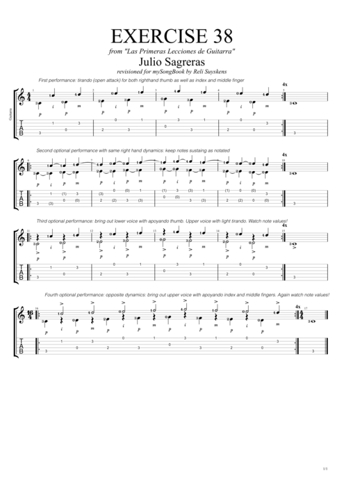 Las Primeras Lecciones de Guitarra exercise 38 - Julio Salvador Sagreras tablature