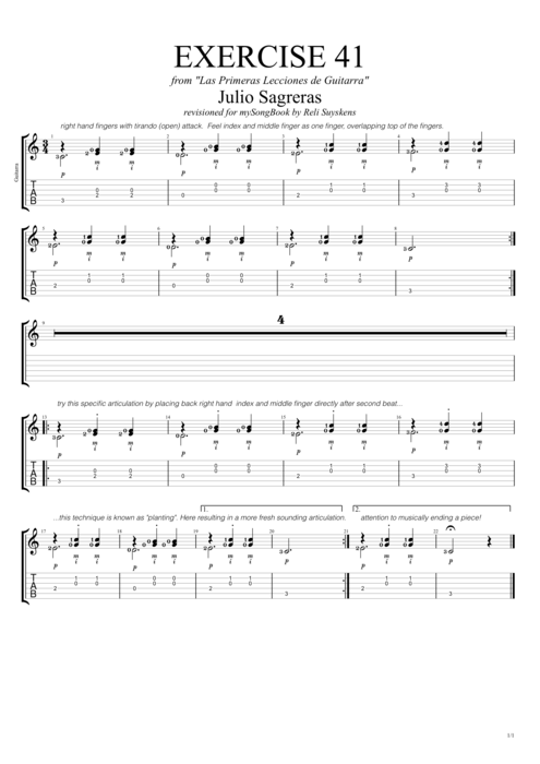 Las primeras lecciones de guitarra exercise 41 - Julio Salvador Sagreras tablature