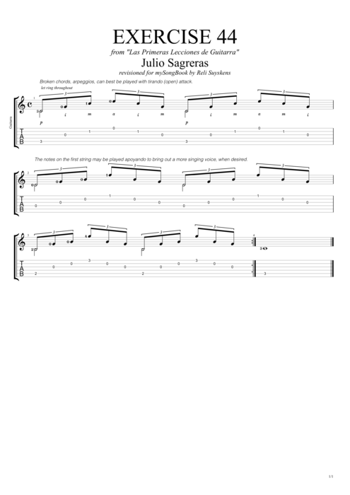 Las primeras lecciones de guitarra exercise 44 - Julio Salvador Sagreras tablature
