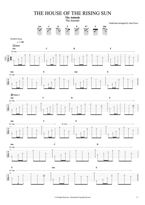 The House of the Rising Sun - The Animals tablature