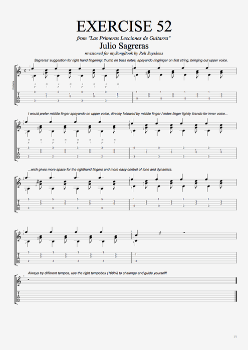 Las primeras lecciones de guitarra exercise 52 - Julio Salvador Sagreras tablature