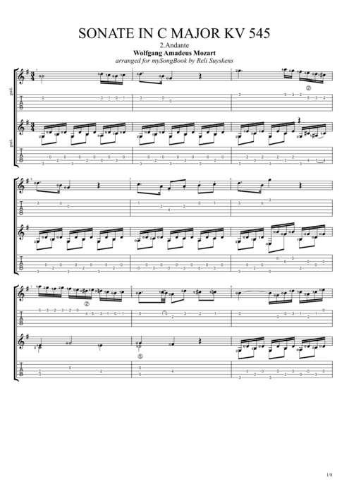 Sonate in C major KV545 Andante - Wolfgang Amadeus Mozart tablature