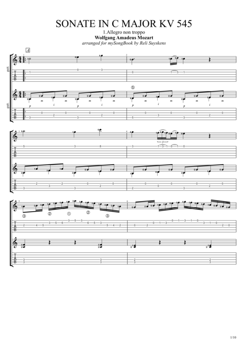 Sonate in C major KV545 Allegro non troppo - Wolfgang Amadeus Mozart tablature