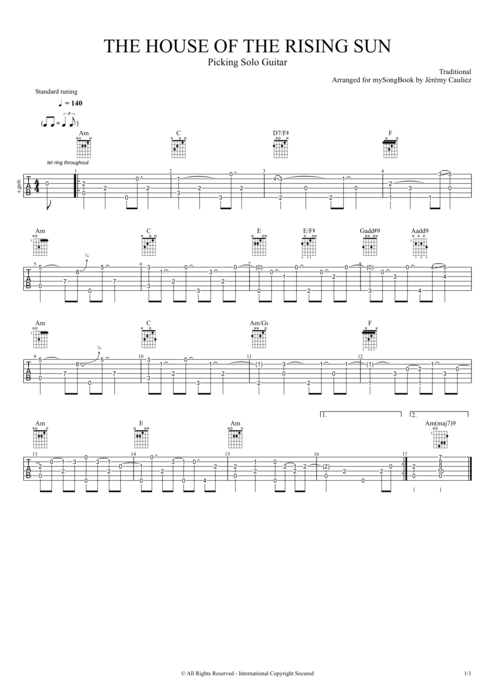 The House of the Rising Sun - Traditional tablature