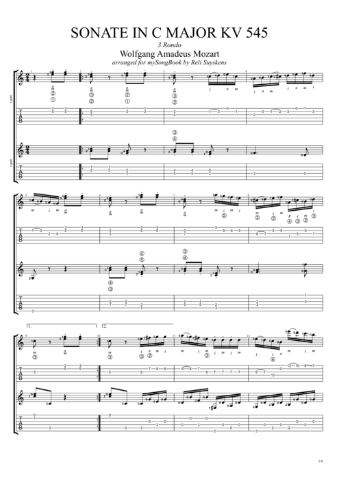 Sonate in C major KV545 Rondo - Wolfgang Amadeus Mozart tablature