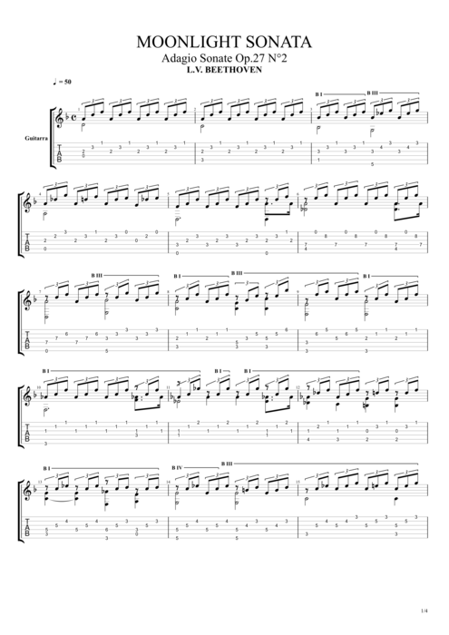 Adagio op27 n°2 au clair de lune (in D minor) - Ludwig Von Beethoven tablature