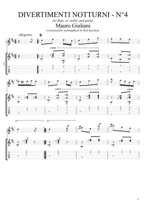 Divertimenti Notturni opus 86 no4 - Mauro Giuliani tablature