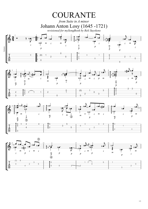 Suite in A minor Courante - Johann Anton Losy tablature