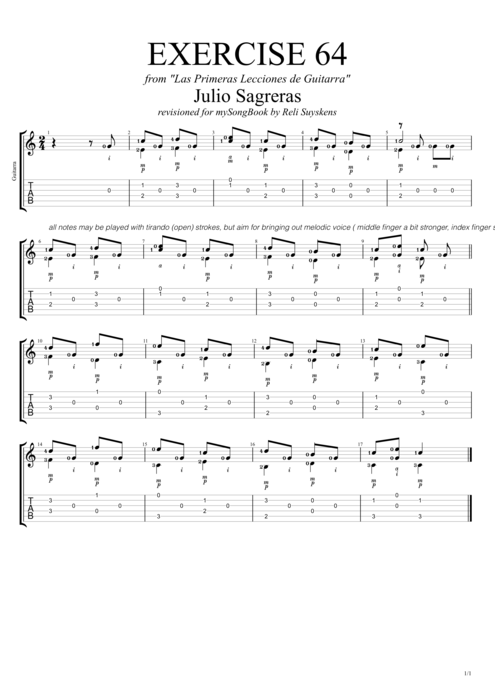 Las primeras lecciones de guitarra exercise 64 - Julio Salvador Sagreras tablature