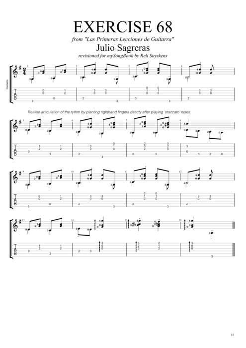 Las primeras lecciones de guitarra exercise 68 - Julio Salvador Sagreras tablature