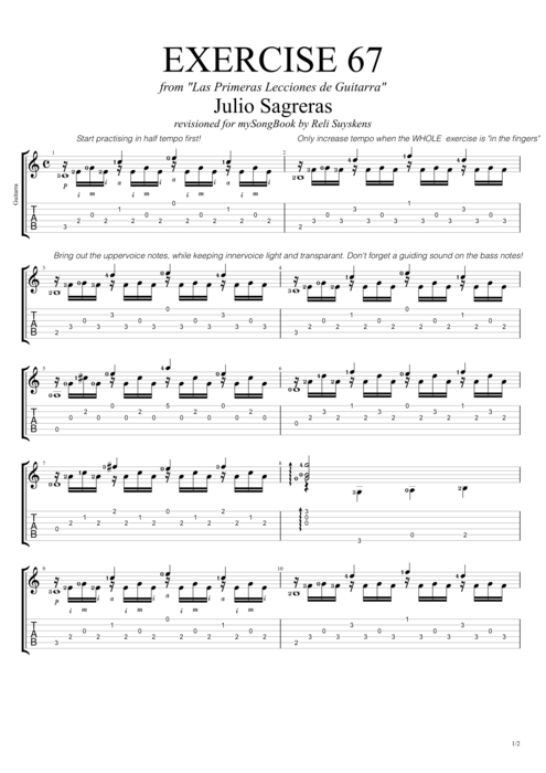 Las primeras lecciones de guitarra exercise 67 - Julio Salvador Sagreras tablature