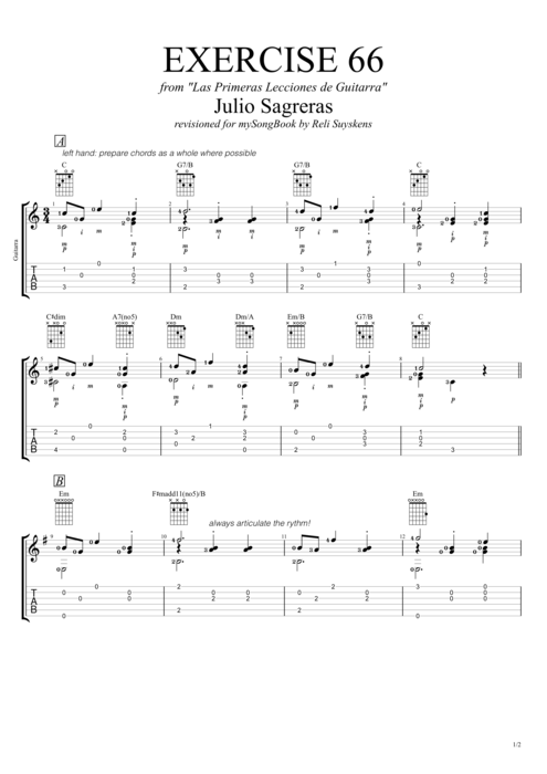 Las primeras lecciones de guitarra exercise 66 - Julio Salvador Sagreras tablature
