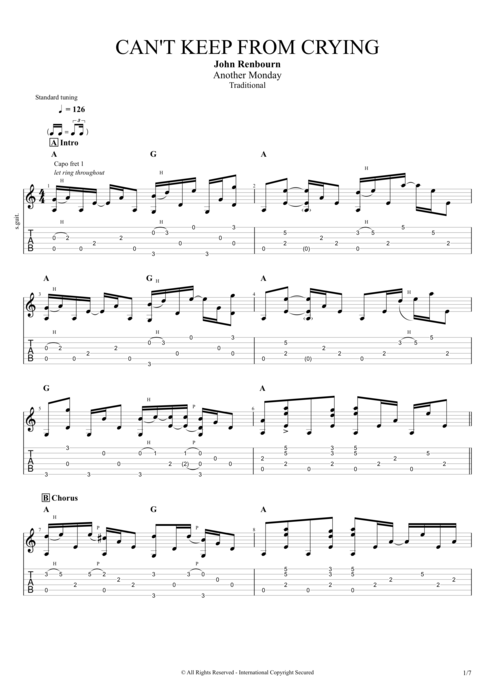 Can't Keep from Crying - John Renbourn tablature