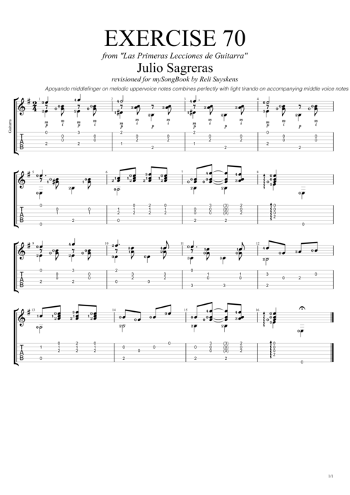 Las primeras lecciones de guitarra exercise 70 - Julio Salvador Sagreras tablature