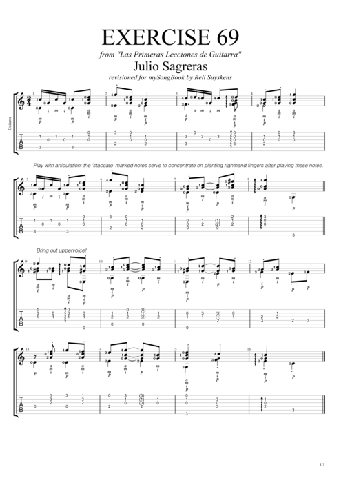 Las primeras lecciones de guitarra exercise 69 - Julio Salvador Sagreras tablature