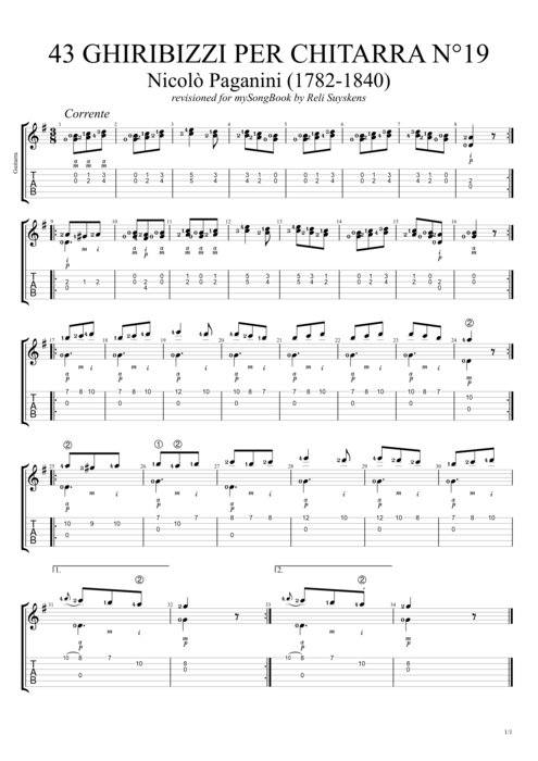 43 Ghiribizzi per chitarra n°19 - Niccolò Paganini tablature